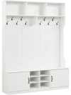 6-in-1 hall tree with bench and storage in white, featuring hooks, cubbies, and adjustable shelves for organized.