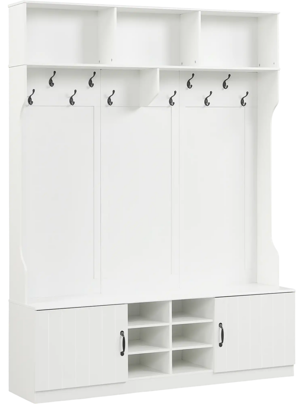 6-in-1 hall tree with bench and storage in white, featuring hooks, cubbies, and adjustable shelves for organized.