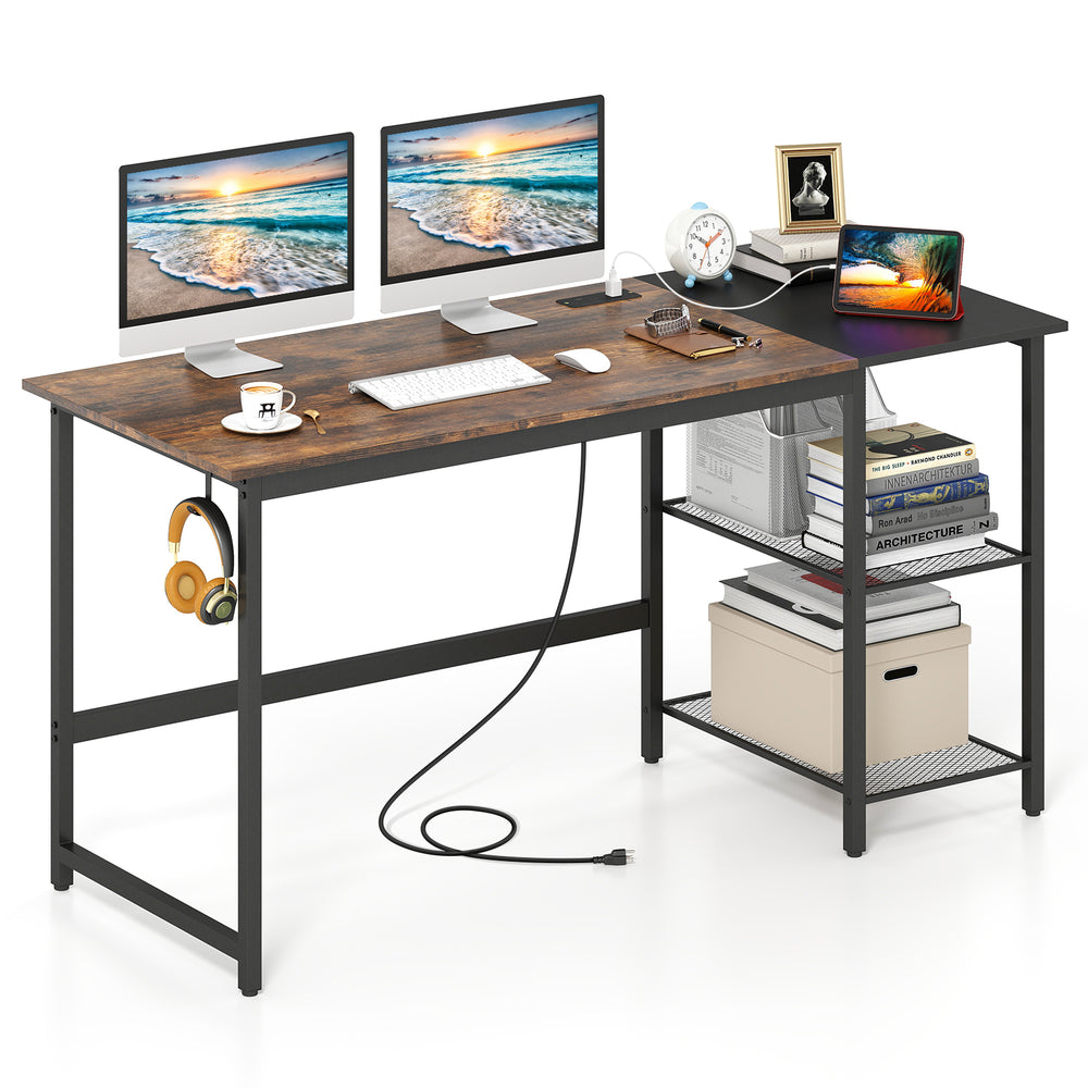 59-inch industrial-style computer desk in rustic brown and black with removable shelves and side hook for efficient.