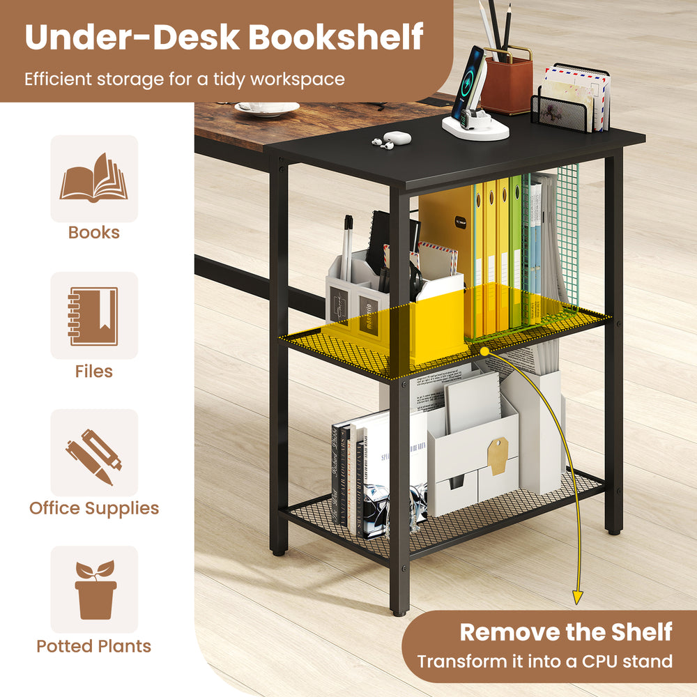 Under-desk bookshelf with removable shelf in black and rustic brown, ideal for organizing office supplies and promoting.