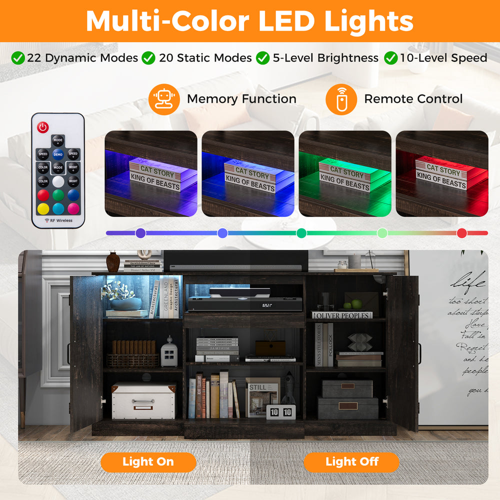 58-inch rustic TV stand with wood grain finish and 20 color LED lights, perfect for living room or bedroom use.