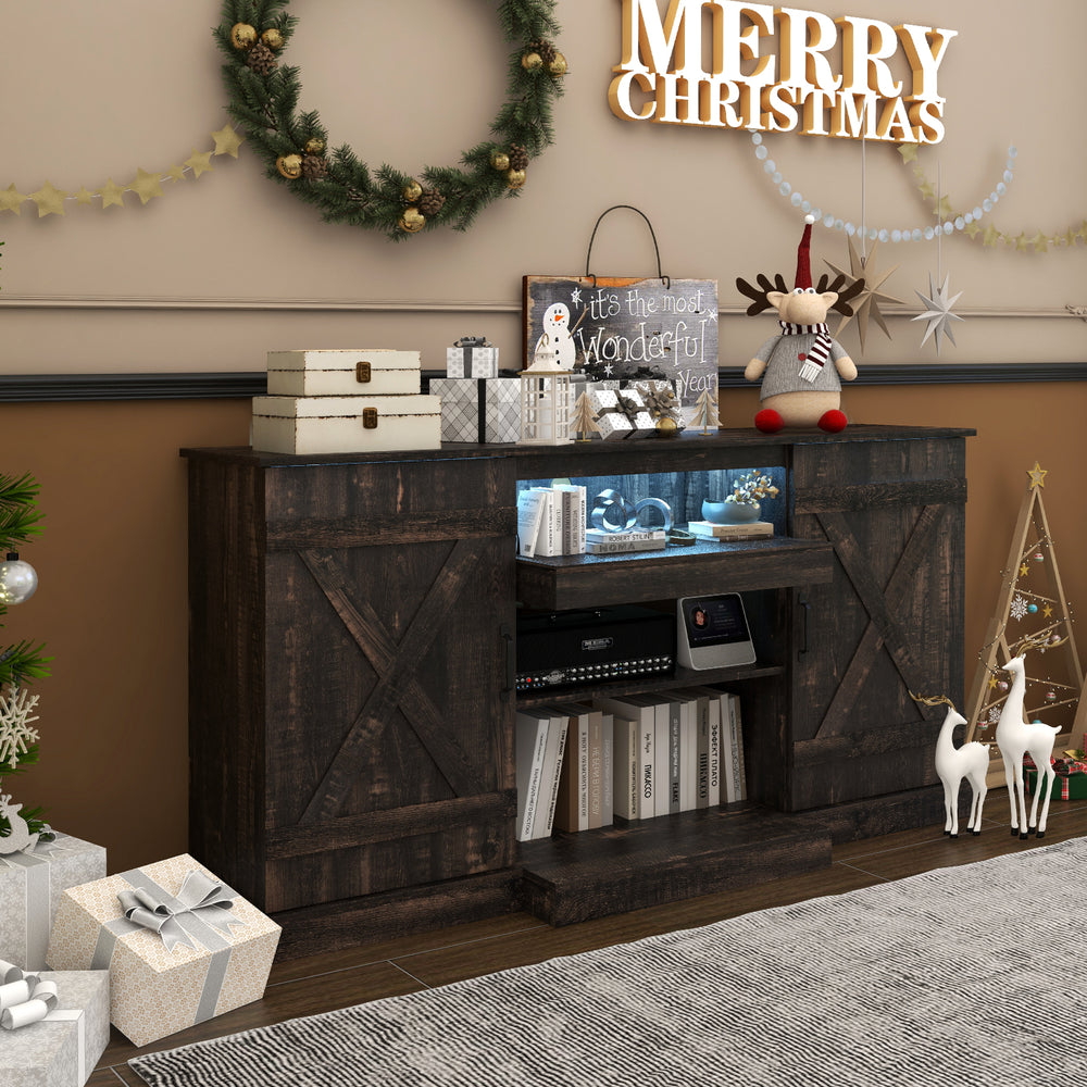 Rustic 58-inch TV stand with wood grain finish, LED lights, and adjustable shelves, perfect for living room decor.