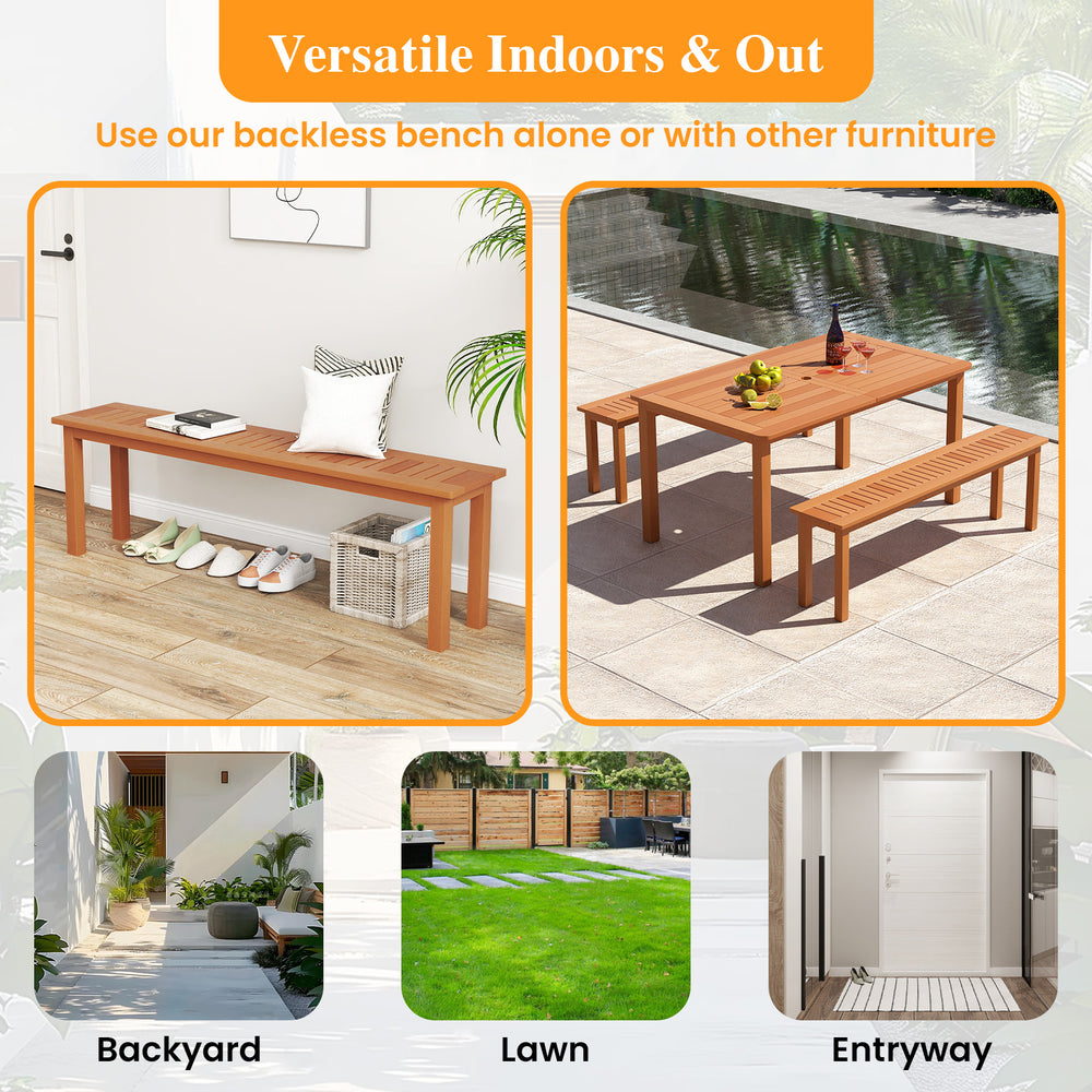 Backless wooden bench with teak oil finish, 59 inches long, suitable for patio, porch, or indoor entryway use.