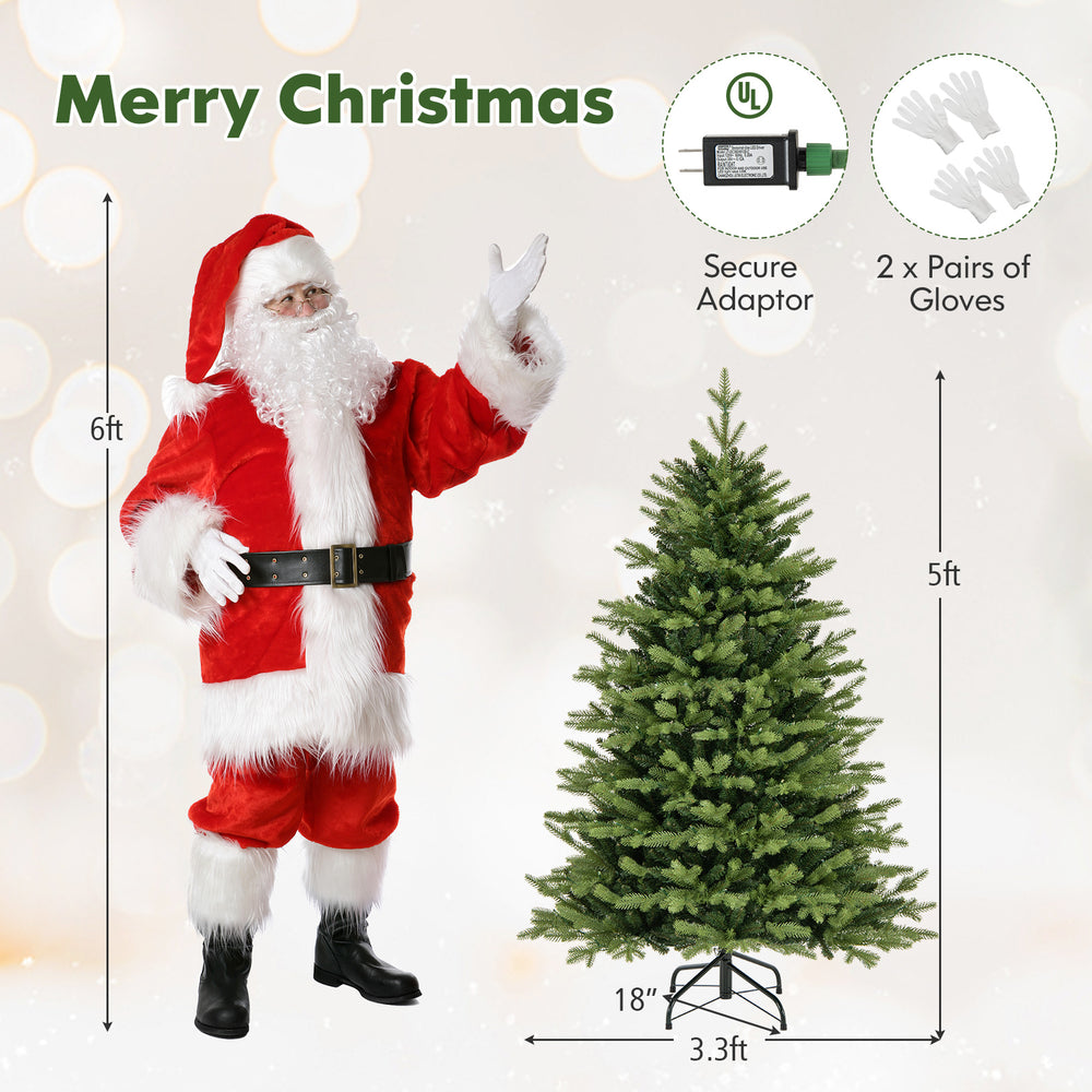 5-foot artificial Christmas tree with 250 LED lights, remote control, and hinged structure for easy setup.