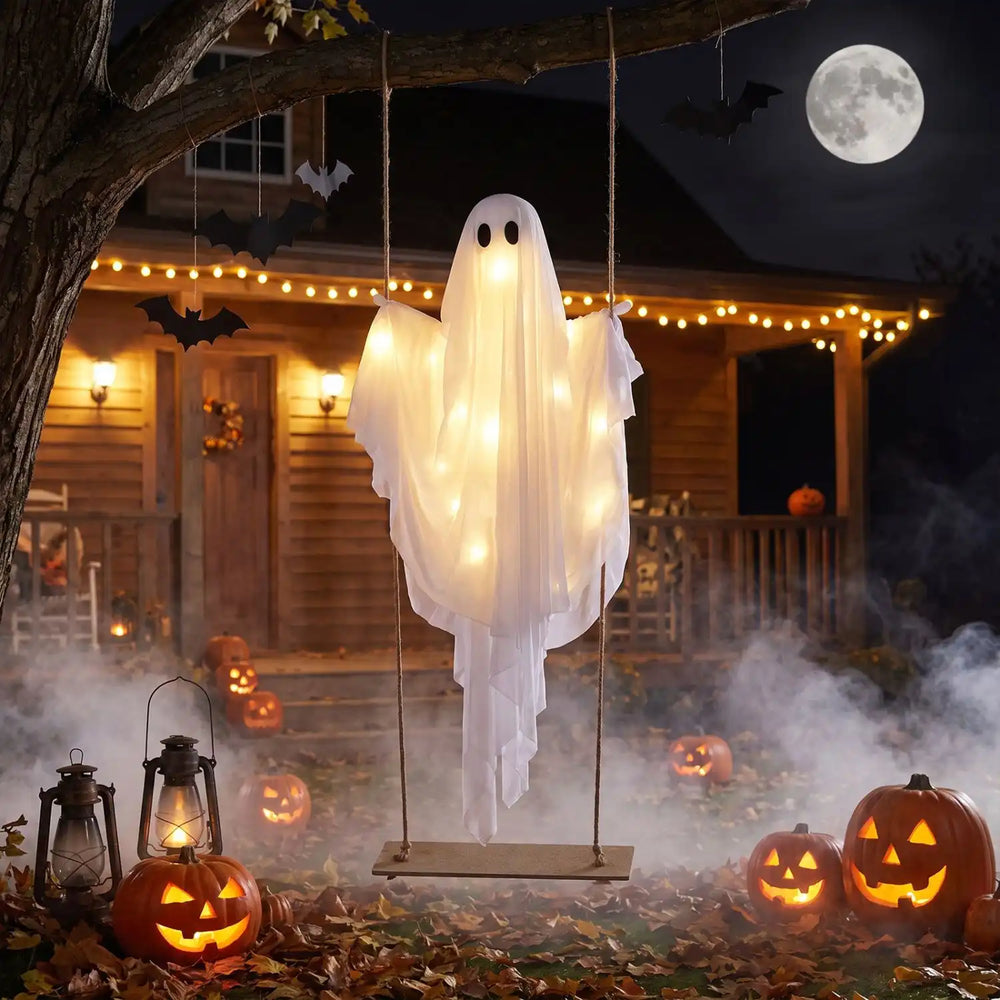Hanging 5ft ghost decoration with LED string lights sways naturally, perfect for Halloween porches and themed parties.