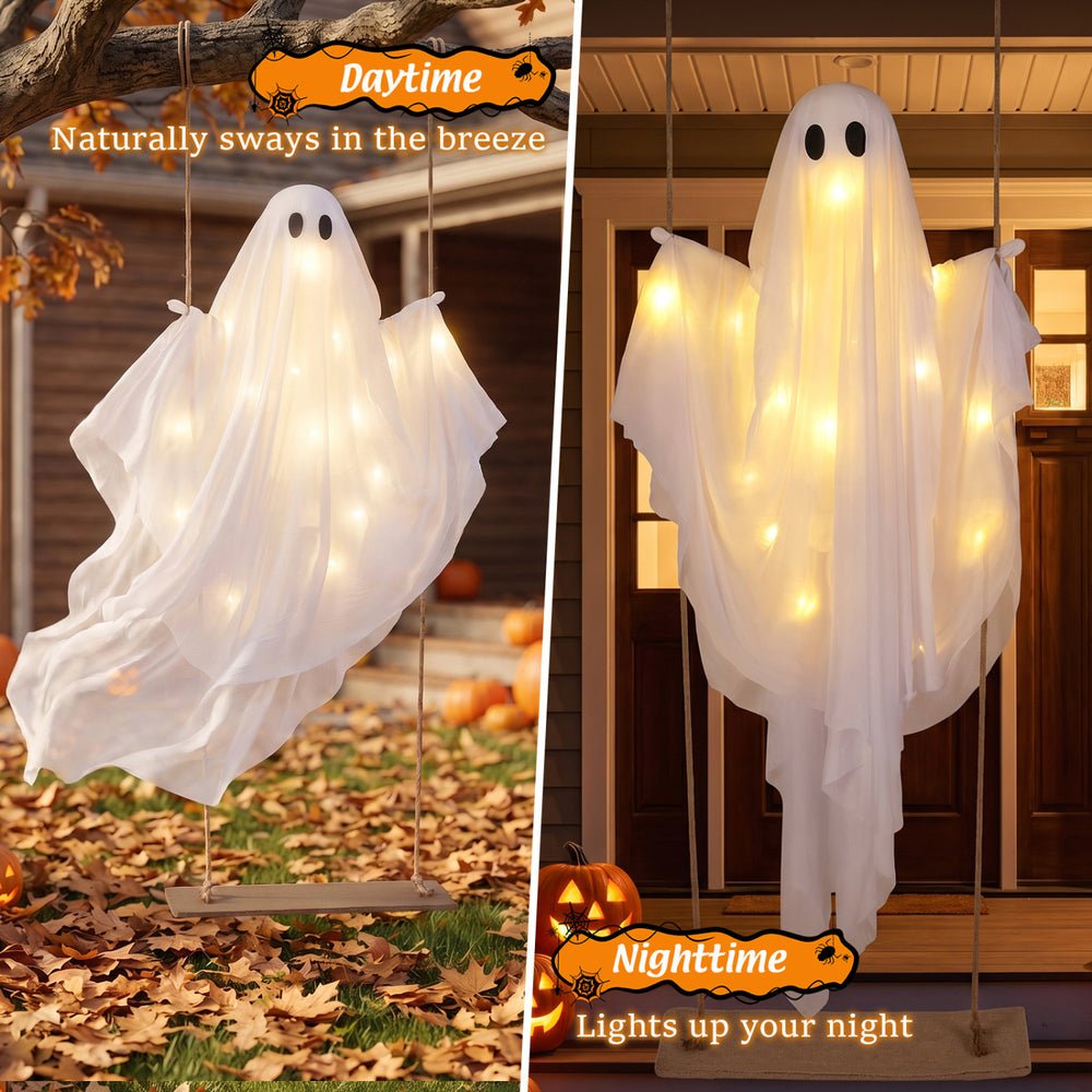 5Ft Halloween hanging swing ghost decoration with LED string lights, ideal for porches and themed parties, sways in the breeze.