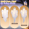 Multi-pose 5ft Halloween hanging swing ghost decoration with LED string lights for covered porches and themed parties.