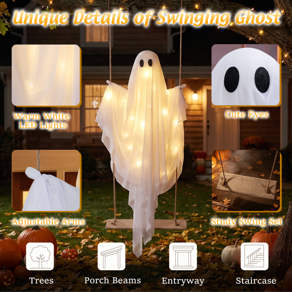 5Ft Halloween hanging swing ghost decoration features warm white LED lights and adjustable arms for a spooky atmosphere.