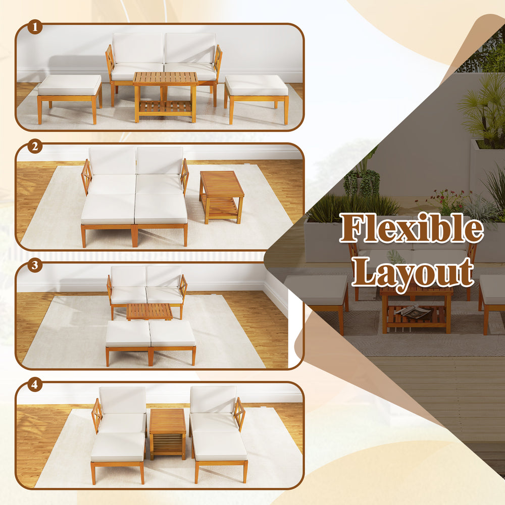 5-piece acacia wood patio lounge chair set with cushions, showcasing flexible layout options for outdoor spaces.