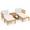 White cushioned acacia wood chaise lounge chair in a side view, designed for comfortable outdoor lounging in your.