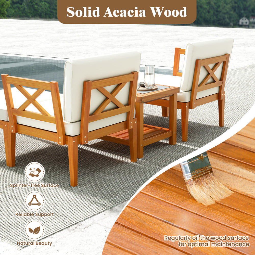 Acacia wood patio chaise lounge chair set with ottoman and cushions, featuring a splinter-free surface for outdoor.