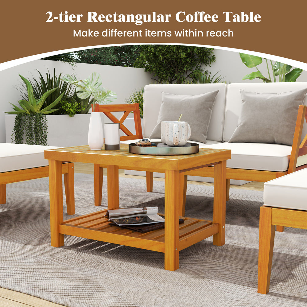 2-tier rectangular coffee table in acacia wood, perfect for outdoor patio use with storage for convenience.