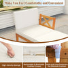 Acacia wood chaise lounge chair with white cushions, featuring removable covers and hook fasteners for outdoor comfort.
