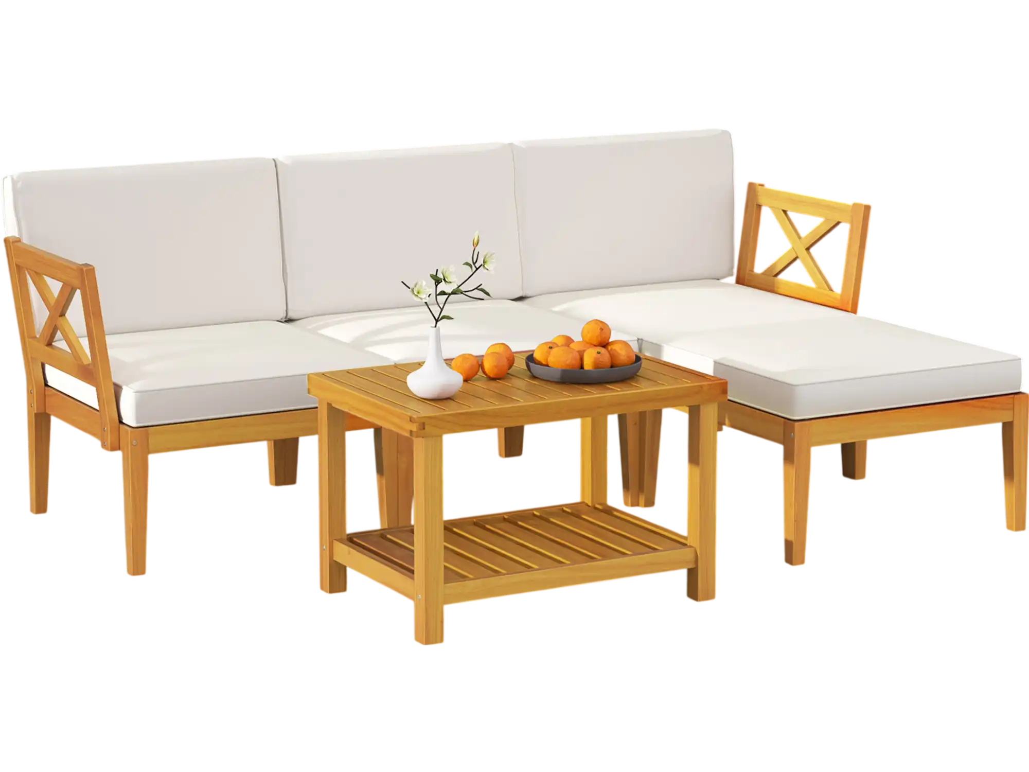 Costway 5-Piece Acacia Wood Patio Furniture Set w/ 2-Tier Coffee Table & Cushions White 57263891 New