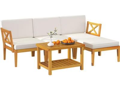 Costway 5-Piece Acacia Wood Patio Furniture Set w/ 2-Tier Coffee Table & Cushions White 57263891 New