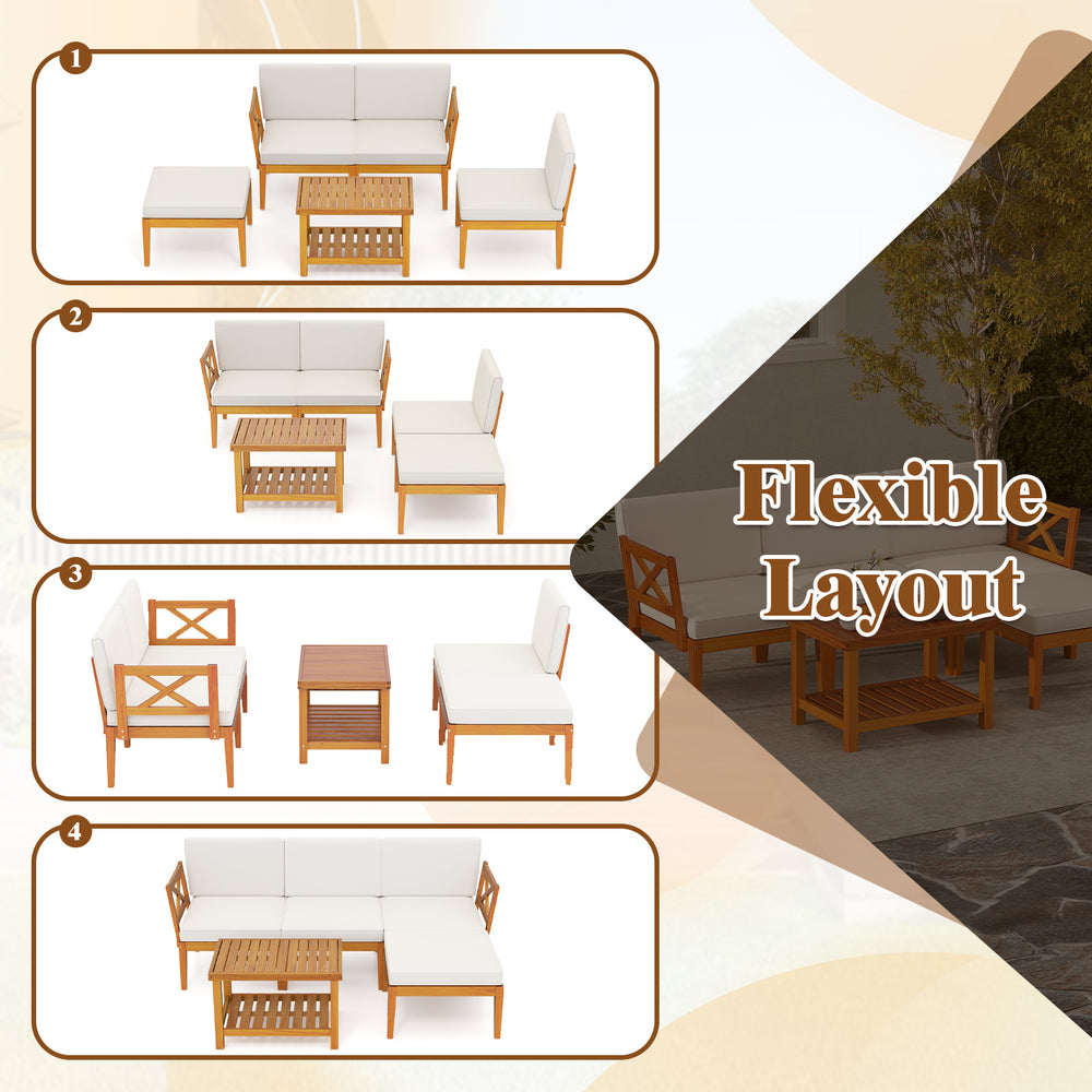 Flexible layout of 5 pieces acacia wood patio furniture set with white cushions, ideal for outdoor spaces.