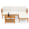 5-piece acacia wood patio furniture set with white cushions and a 2-tier coffee table, perfect for outdoor relaxation.