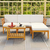 5-piece acacia wood patio furniture set with white cushions and 2-tier coffee table, perfect for outdoor relaxation.