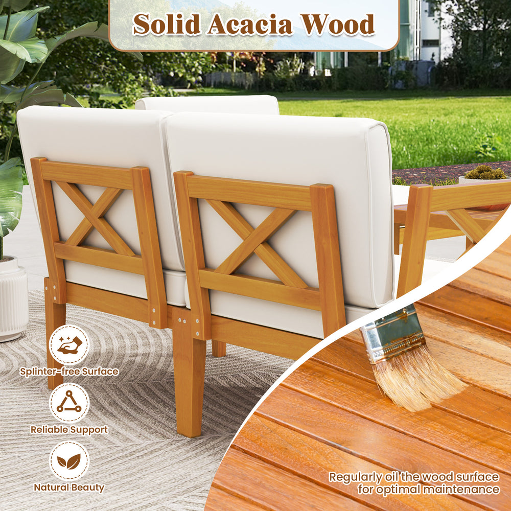 Acacia wood patio furniture set featuring a 2-tier coffee table and white cushions, perfect for outdoor relaxation.