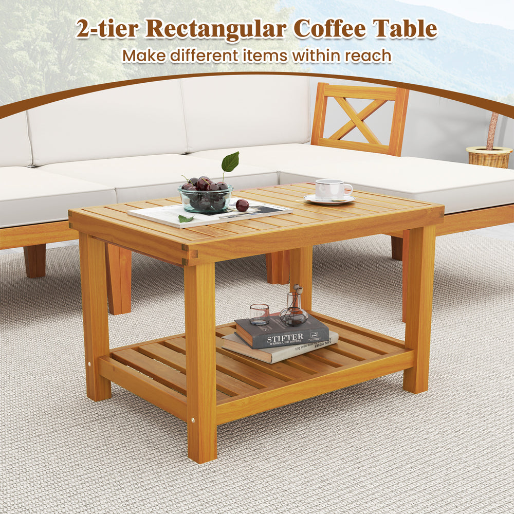 2-tier rectangular coffee table made of solid acacia wood, perfect for outdoor patio and garden use.