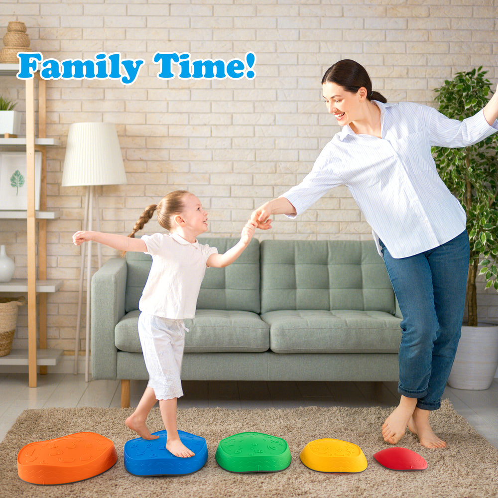 Colorful 5-piece kids' stepping stones set for indoor and outdoor play, enhancing balance and coordination skills.
