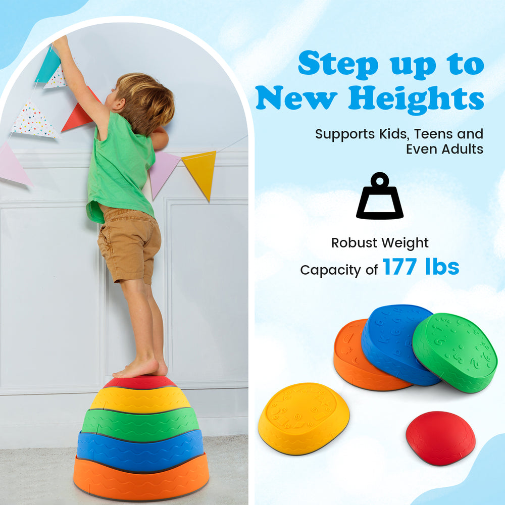 Colorful stackable kids' stepping stones, made of child-safe PP, support up to 177 lbs for indoor and outdoor play.