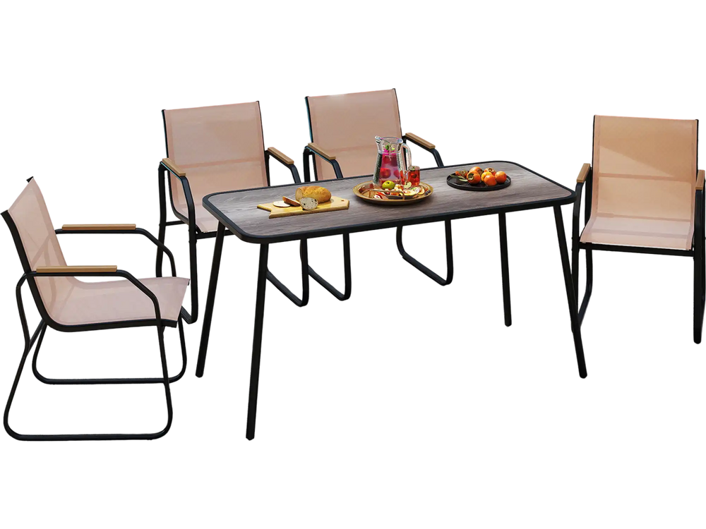 5-piece patio dining set featuring a rectangular table and fabric chairs, perfect for outdoor meals by the pool.