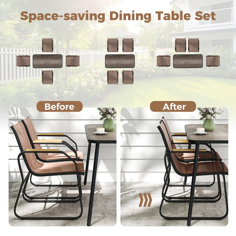 5-piece patio dining set featuring a rectangular table and fabric chairs in brown, designed for space-saving and.