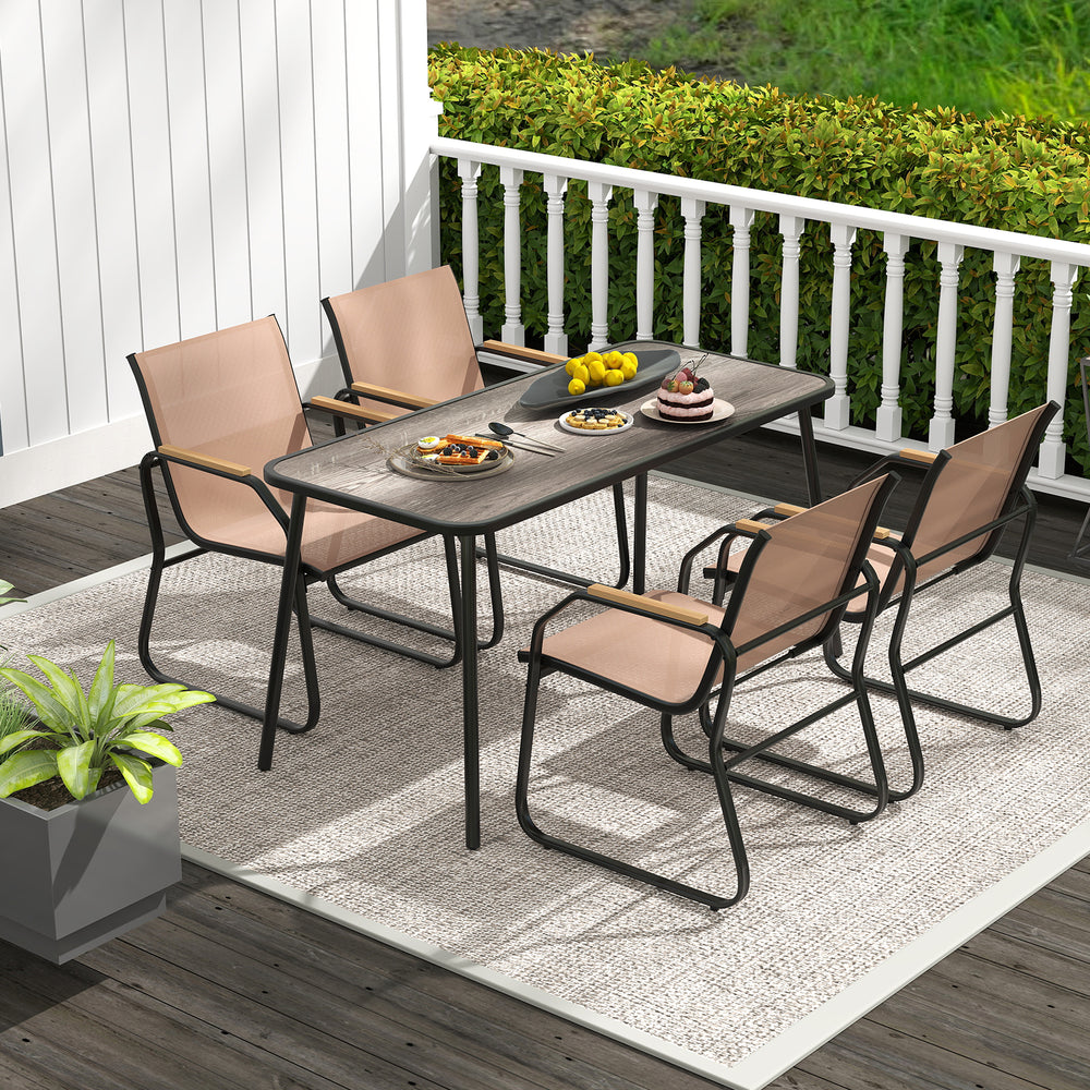 5-piece patio dining set featuring a rectangular wood-like table and four fabric chairs, perfect for outdoor meals.