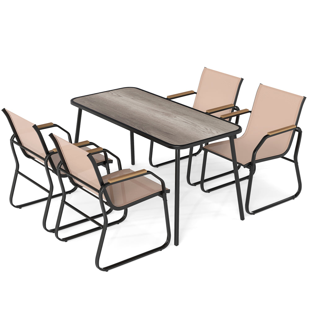 5-piece patio dining set featuring a rectangular wood-like table and 4 ergonomic fabric chairs for outdoor dining.