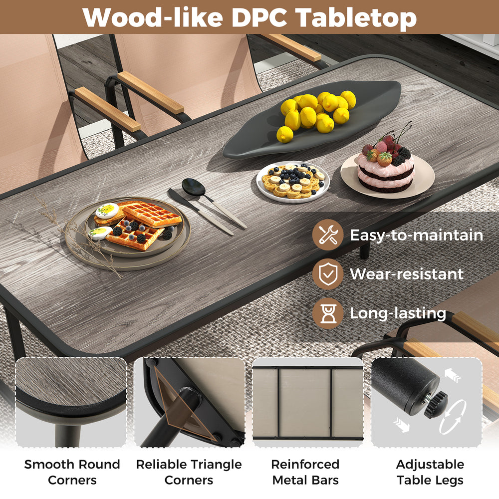 Rectangular wood-like DPC tabletop of a 5-piece patio dining set with fabric chairs, featuring smooth round corners.