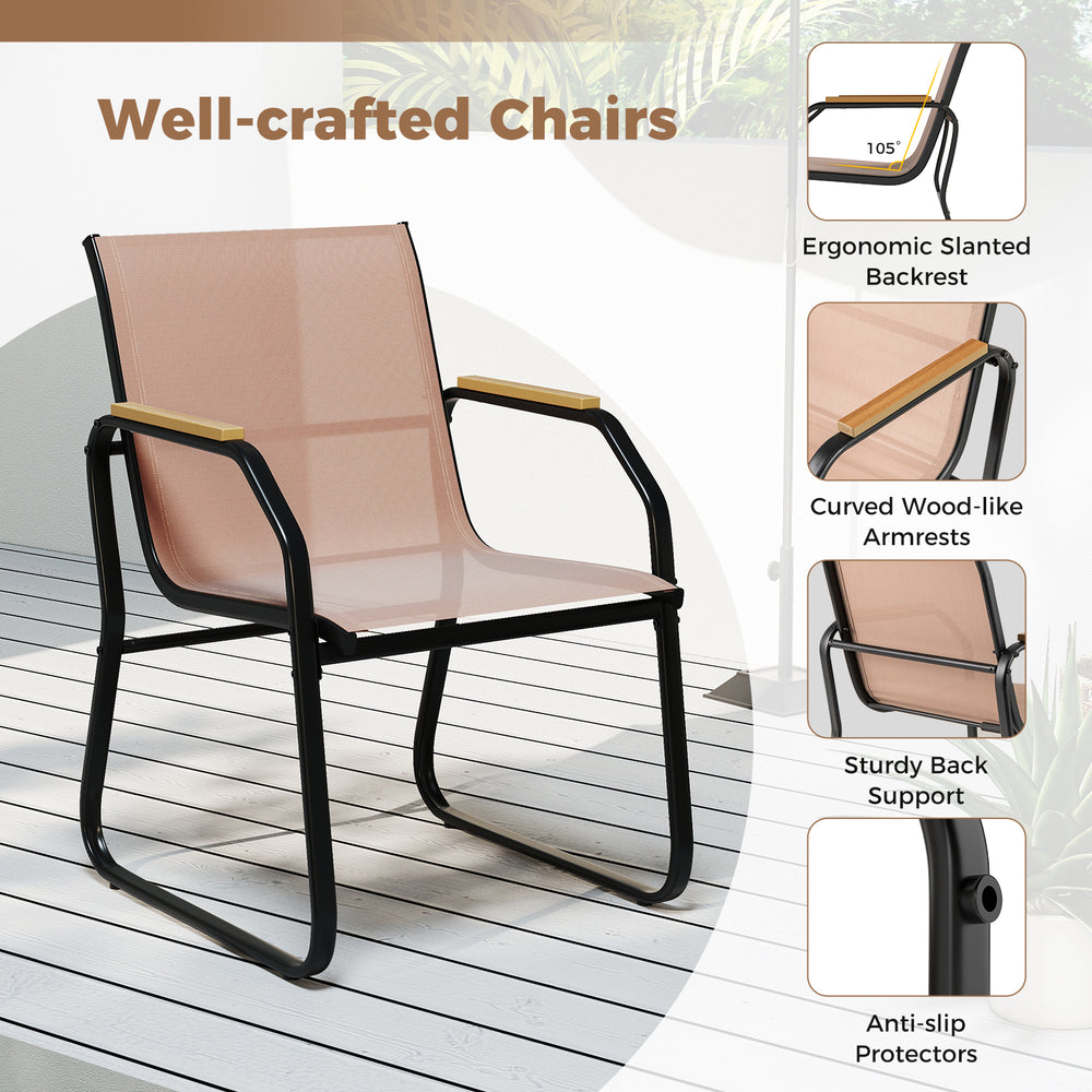 Ergonomic fabric chair with curved wood-like armrests, designed for comfort in a 5-piece brown patio dining set.