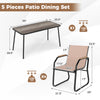 5 pieces patio dining set featuring a rectangular table and four fabric chairs in brown, ideal for outdoor dining.
