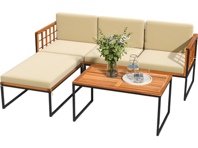 Costway 5-Piece Patio Furniture Set Acacia Wood Sectional Sofa Beige 79652834 New