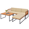 Acacia wood sectional patio furniture set with beige cushions, featuring a slatted design and heavy-duty metal frame.