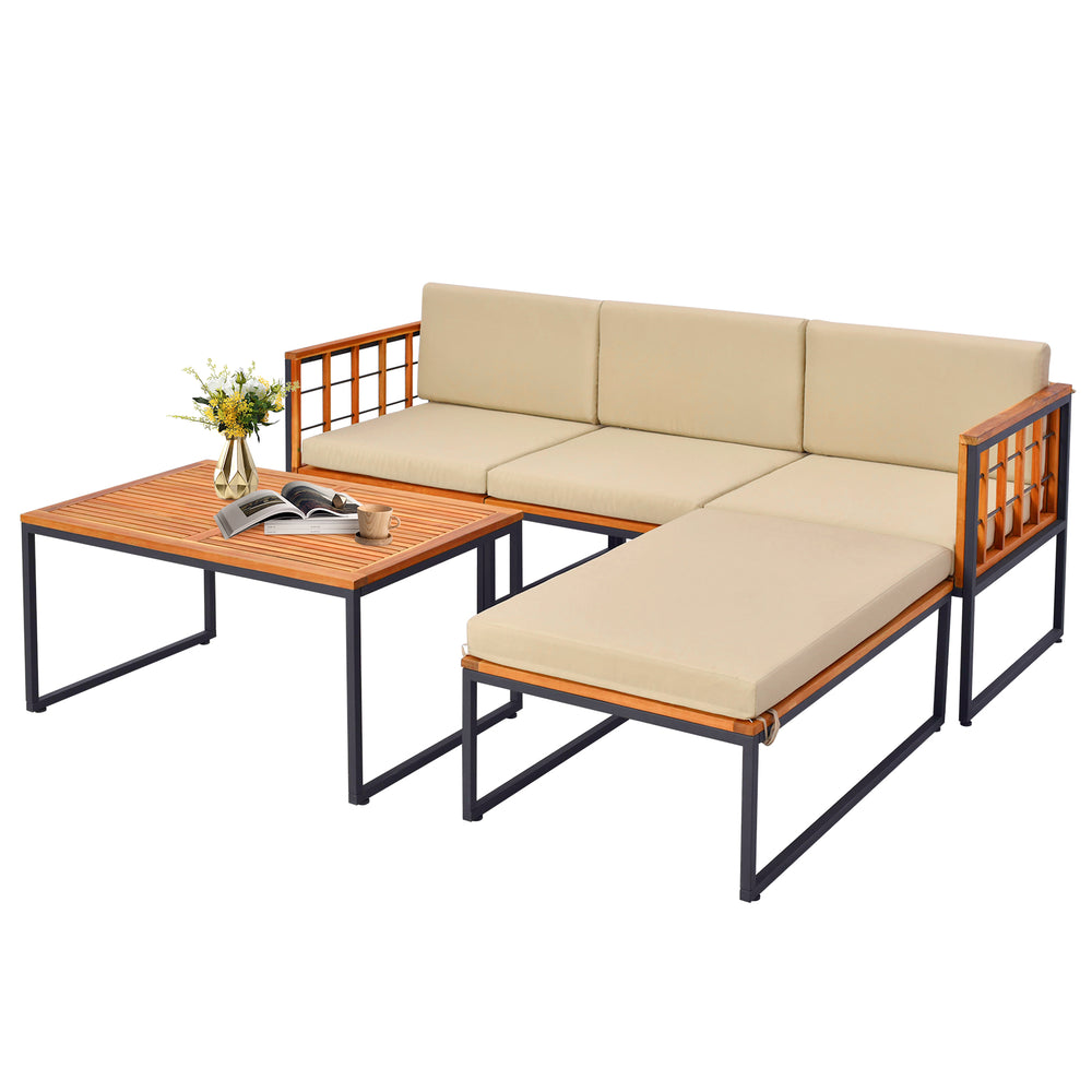 Acacia wood sectional patio furniture set with beige cushions, featuring a slatted design and heavy-duty metal frame.