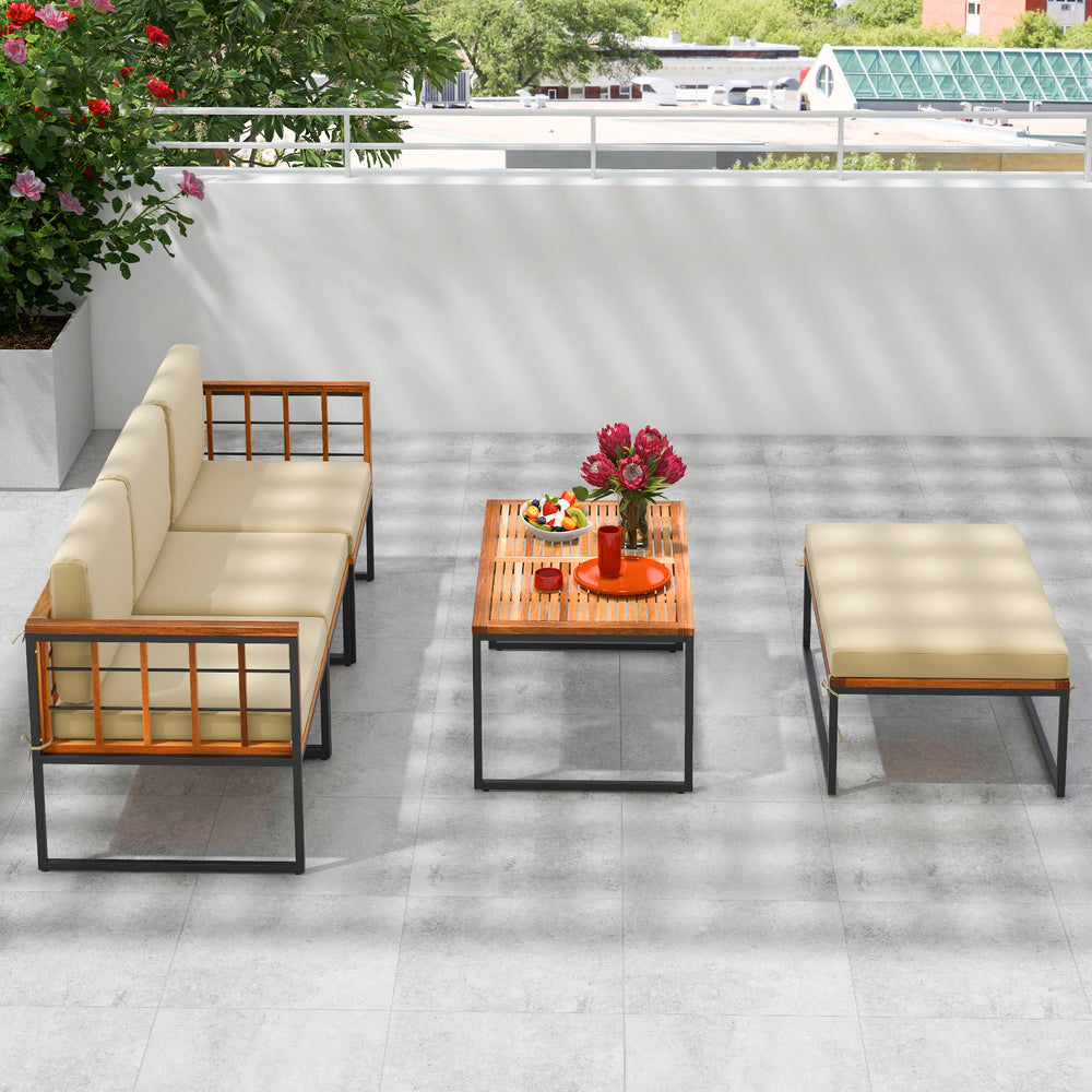 Acacia wood sectional patio furniture set with beige cushions, featuring a coffee table and ottoman for outdoor.