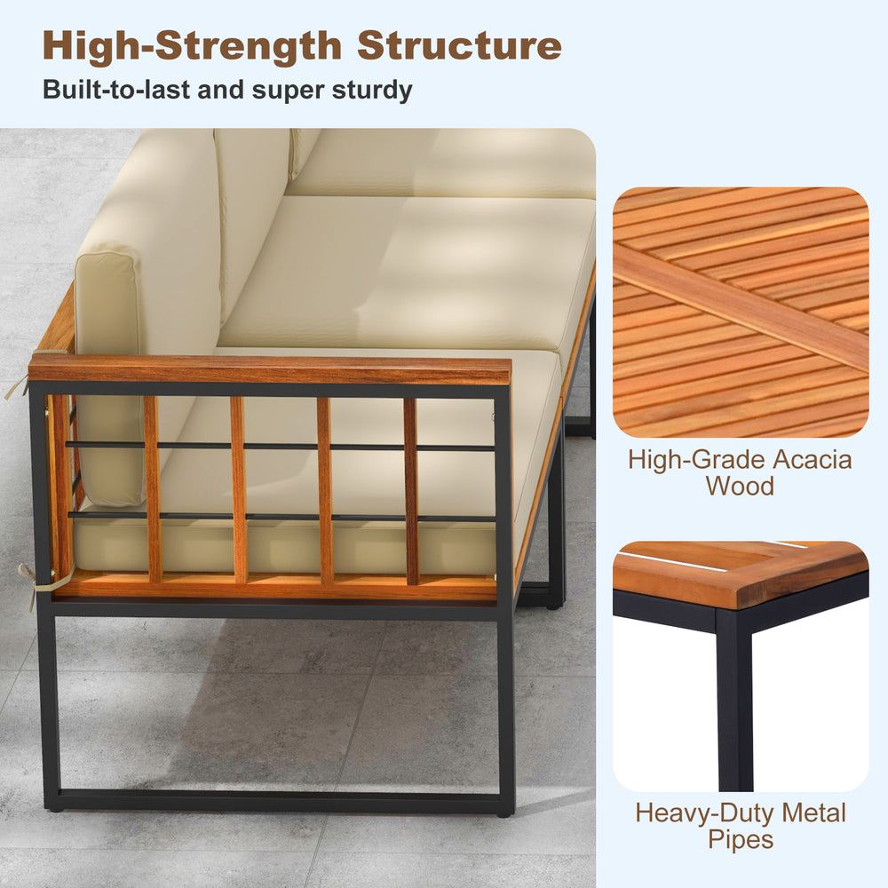 Acacia wood frame and heavy-duty metal pipes of the patio sectional set, designed for durability and outdoor comfort.
