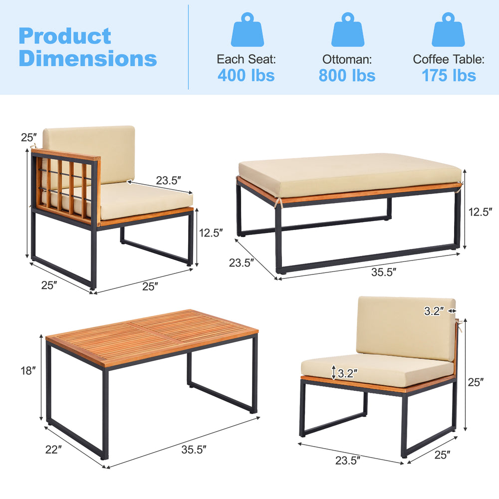 Patio furniture set dimensions showcasing acacia wood sectional with metal frame, ideal for backyard or poolside use.