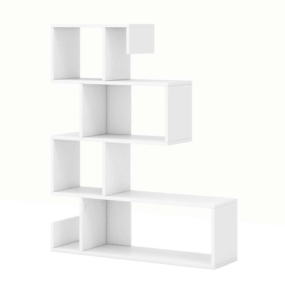 S-shaped 5-tier white bookshelf with open cubes, ideal for modern living rooms or offices, featuring a stable design.