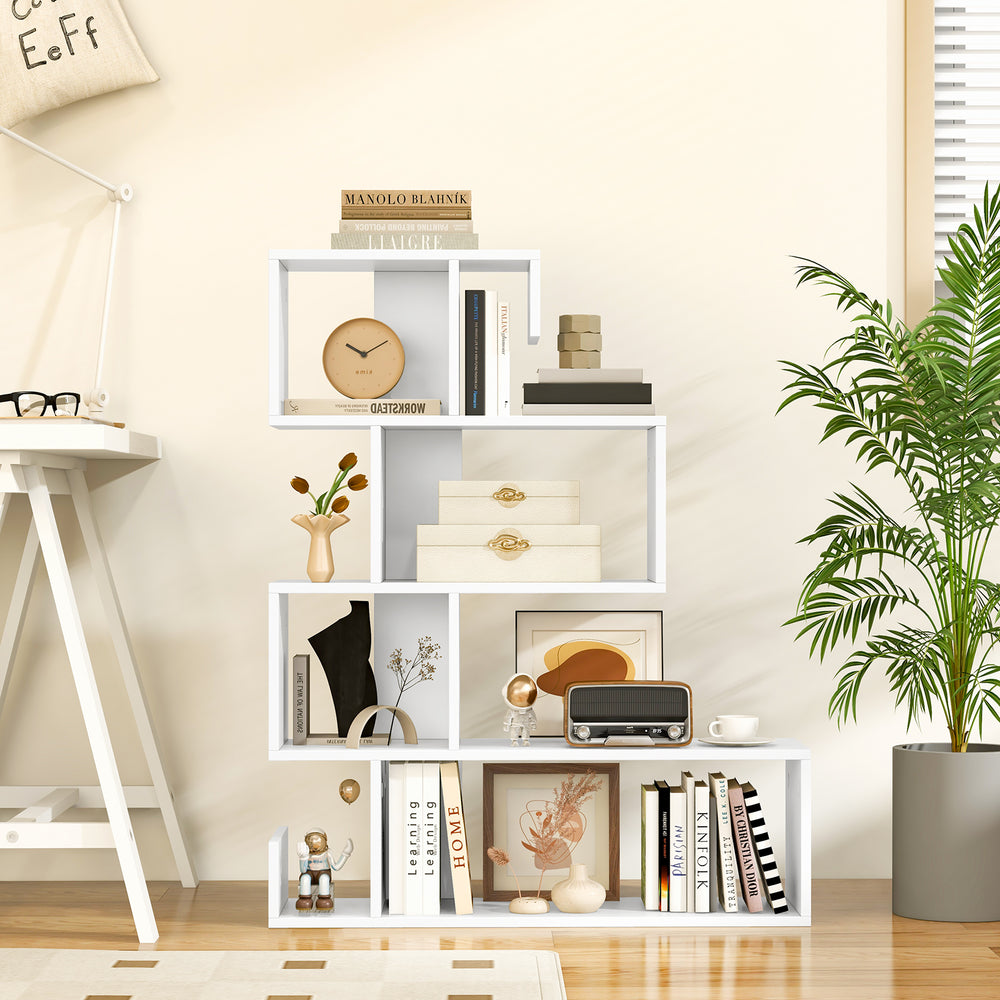 S-shaped 5-tier bookshelf in white with open cubes, perfect for modern living room or office display and storage.