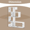 S-shaped 5-tier bookshelf in white with open cubes, showcasing dimensions for modern living room or office use.