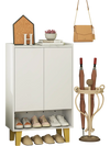 5-tier shoe cabinet in white with faux marble countertop, featuring enclosed storage and open compartment for shoes.