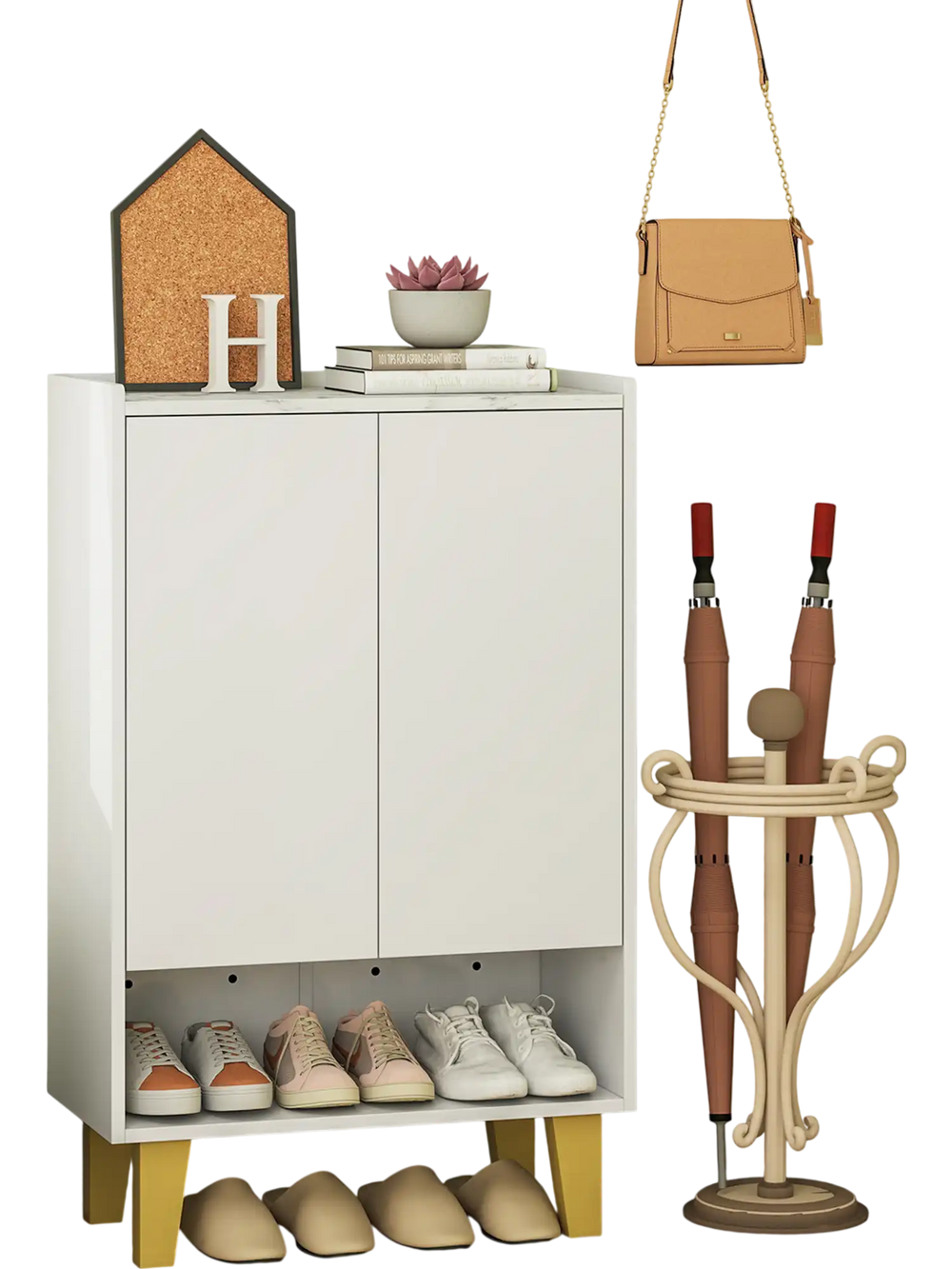 5-tier shoe cabinet in white with faux marble countertop, featuring enclosed storage and open compartment for shoes.
