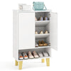 5-tier shoe cabinet in white with faux marble countertop and flat tilting shelves, ideal for entryway storage.