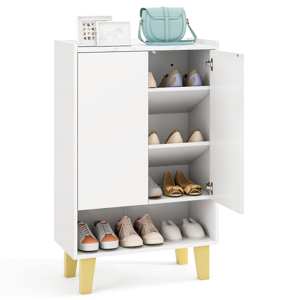 5-tier shoe cabinet in white with faux marble countertop and flat tilting shelves, ideal for entryway storage.