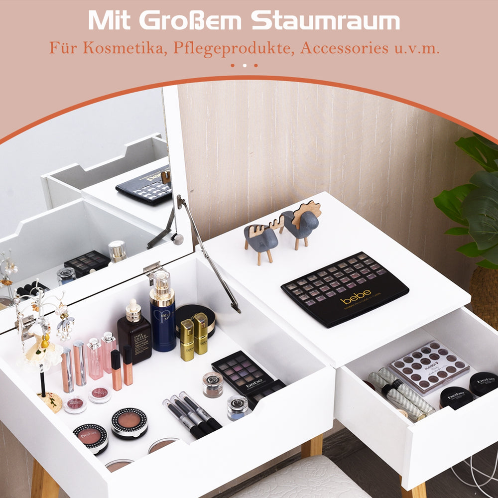 Holztisch mit klappbarem Spiegel und gepolstertem Hocker, bietet großen Stauraum für Kosmetik und Accessoires.
