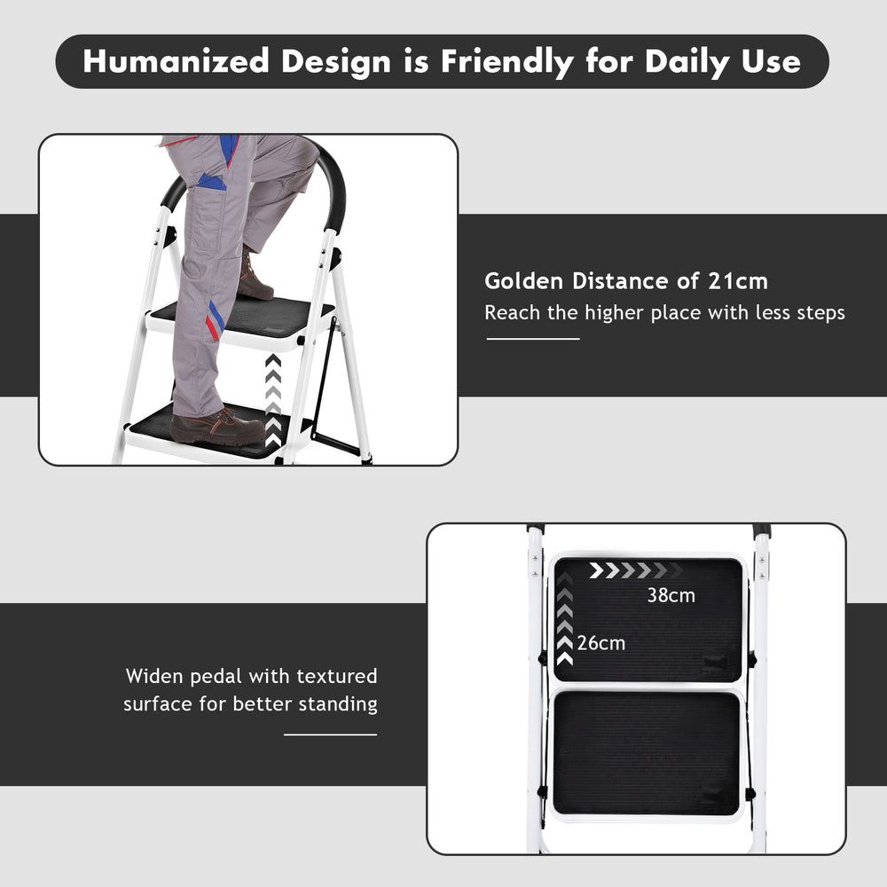 Folding step stool with anti-slip pedals and iron frame, ideal for reaching high places in kitchens or garages.