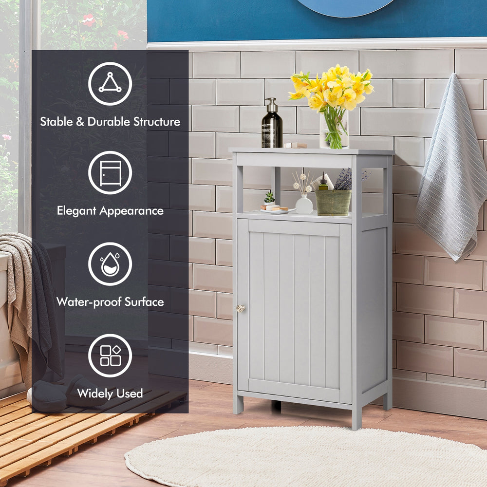Gray bathroom wooden floor cabinet with adjustable shelf, sturdy MDF construction, and elegant appearance for.