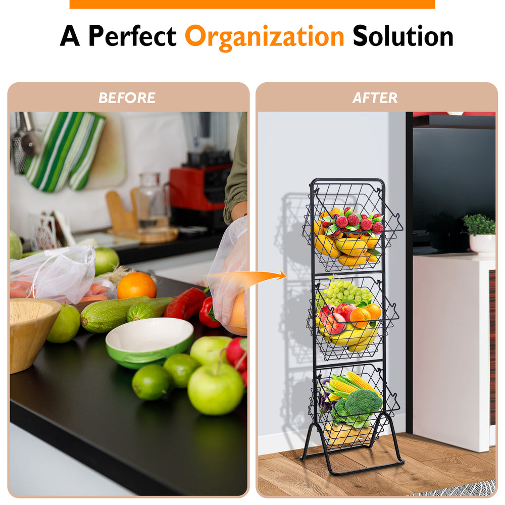 3-tier fruit basket stand with adjustable heights, featuring a wire design for easy access and ventilation, ideal for.